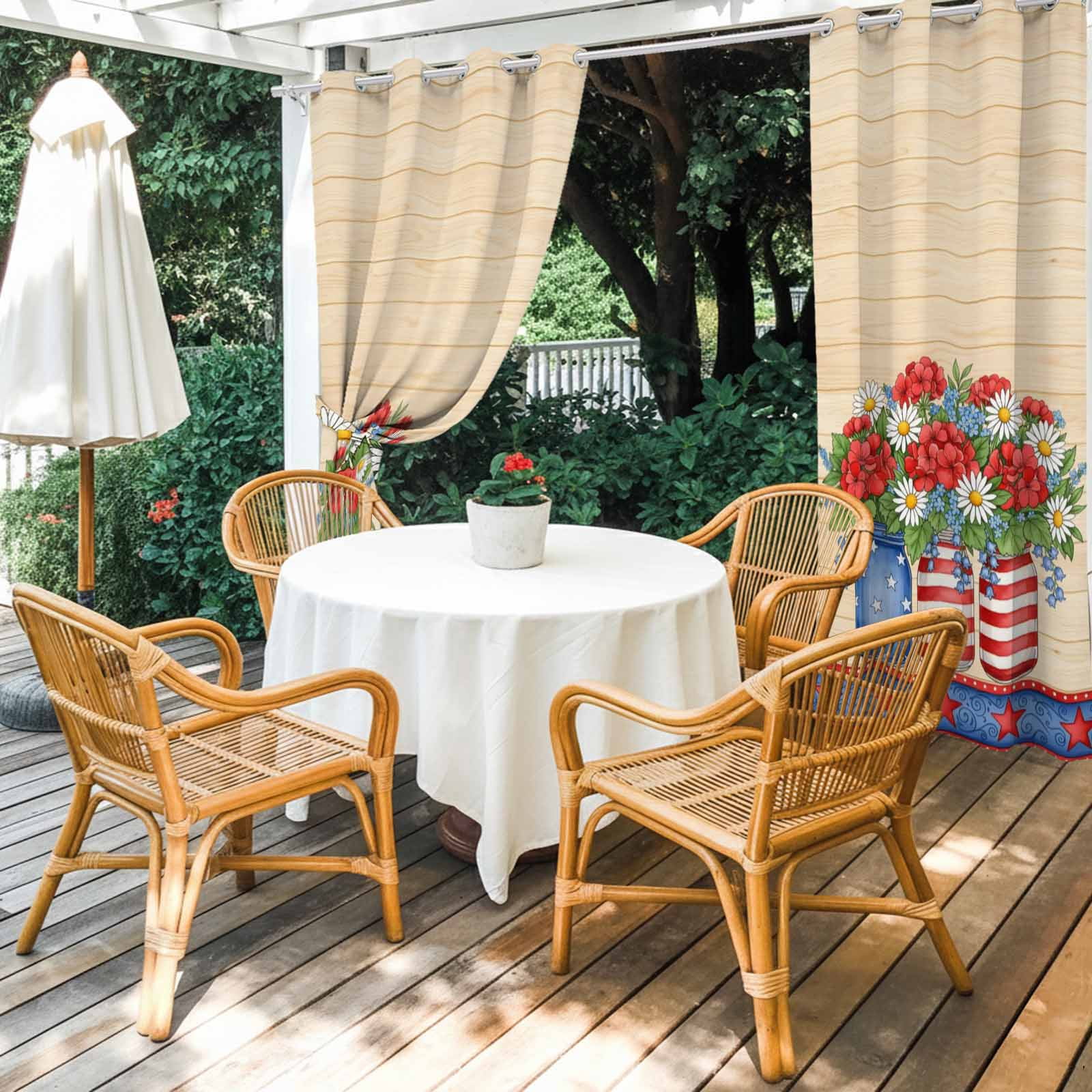 Independence Day Outdoor Curtains for Patio, Red Blue Floral Vase Star Heart Wood Grain Sunshade Privacy Drapes Grommet Waterproof Outside Curtains for Porch/Cabana/Balcony 54"x 108", 1 Panel