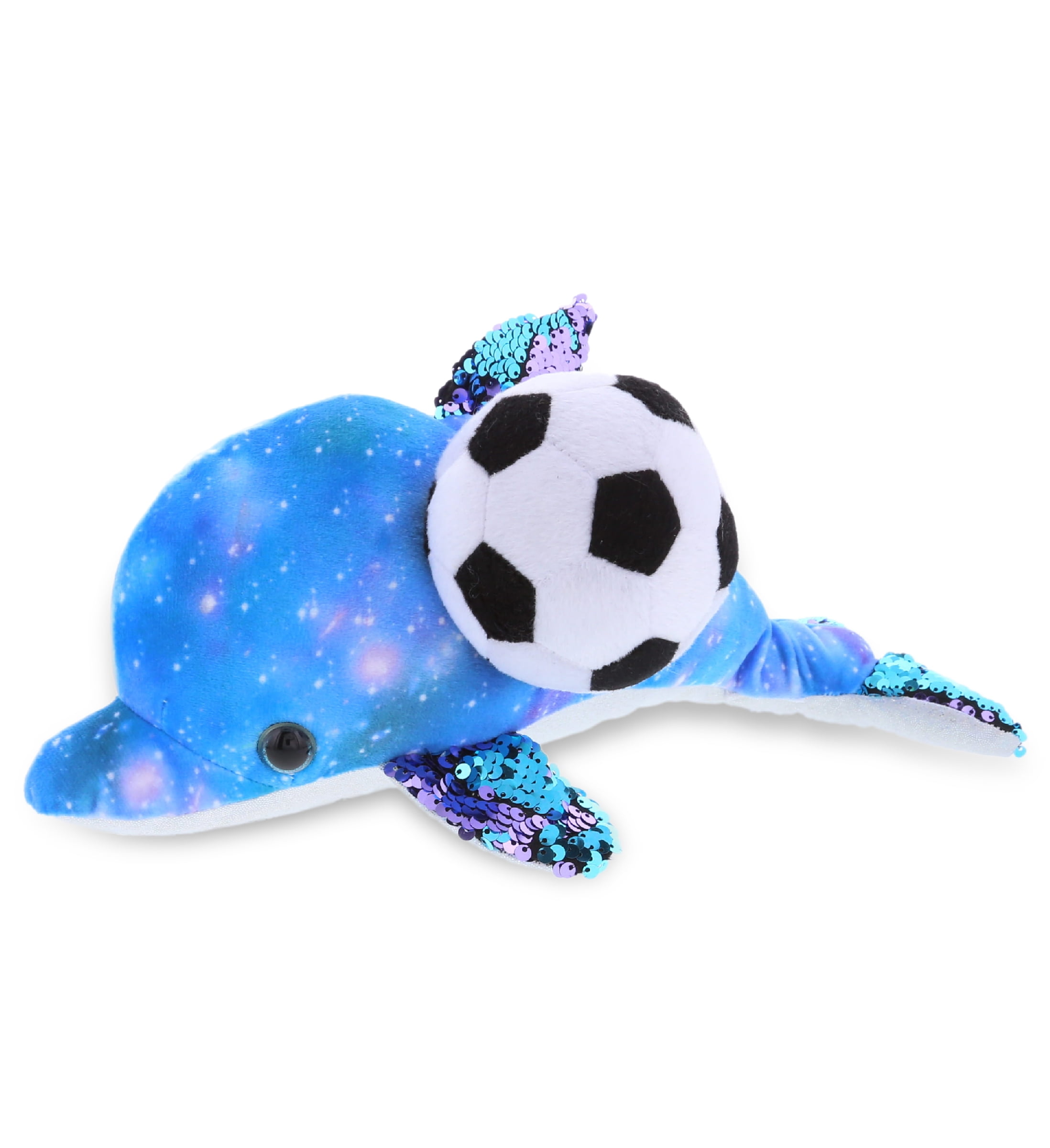 DolliBu Space Dolphin Stuffed Animal with Soccer Ball Plush - Soft Huggable Dolphin, Adorable Playtime Plush Toy, Cute Ocean Life Gift, Soccer Plush Doll Animal Toy for Kids and Adults - 12 Inch