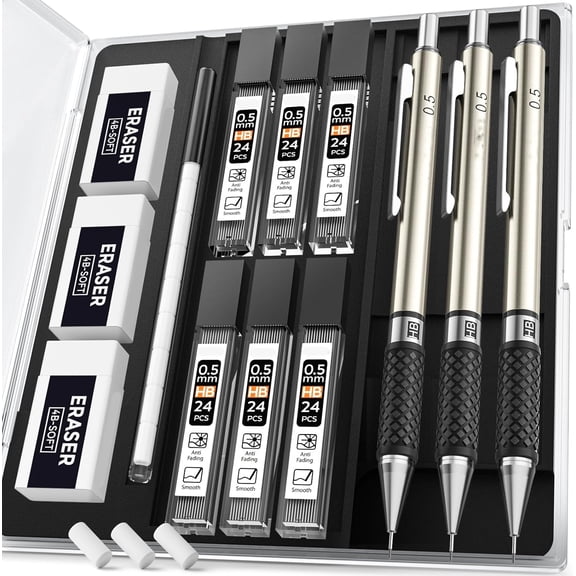 0.7 mm Art Mechanical Pencil Set in Storage Case, 3 PCS Metal Drafting Pencil Lead Pencil with 6 Tube HB Lead Refills, 3 Erasers, 9 PCS Eraser Refills for Artist Writing, Drawing, Sketching