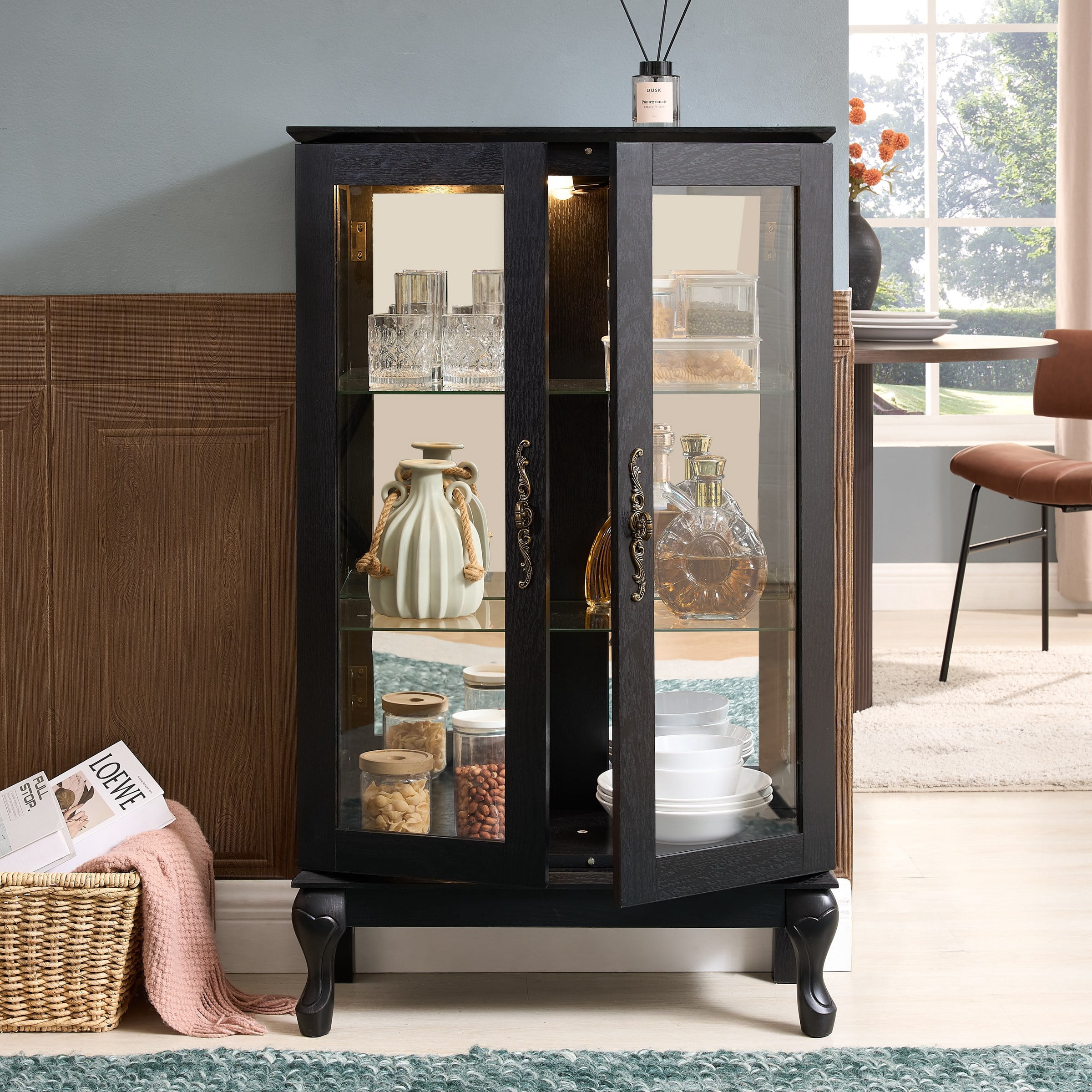 Curio Cabinet with Tempered Glass Doors, Lighted Display Cabinet with Mirrored Back Panel & Adjustable Shelves, Black