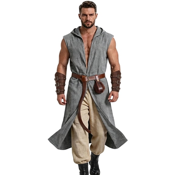 Virmaxy Halloween Costume Men's Medieval Hooded Tunic Set Renaissance Costume with Belt Pouch and Bracers for Halloween Party Gray