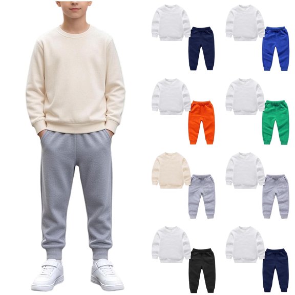 BXJX Boys Cotton Outfit Sets Size 10-12, 2 Piece School Long Sleeve Crew Neck Sweatshirts and Joggers Sets Beige