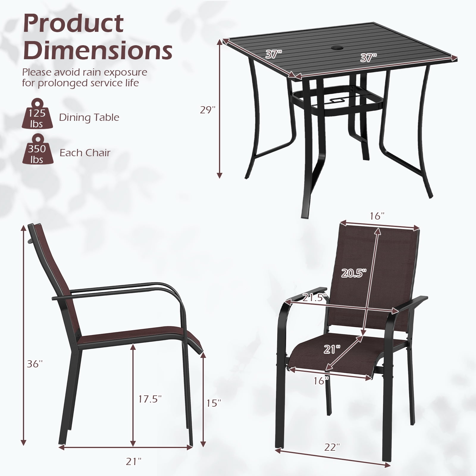 Costway 5 PCS Patio Furniture Dining Set, Outdoor Square Table & Stackable Chairs with Umbrella Hole Black and Coffee
