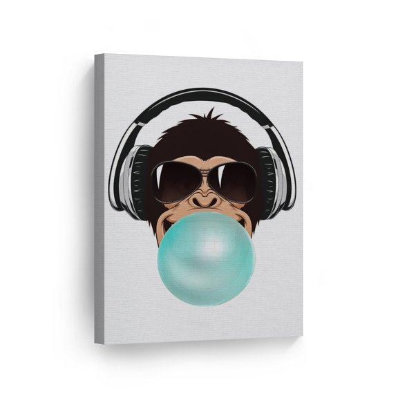 Smile Art Design Funny DJ Monkey Gorilla Animal Bubble Gum Art Teal Blue Chewing Gum CANVAS PRINT Wall Art Home Decor Pop Art Living Room Kids Room Decor Made in USA 40x30