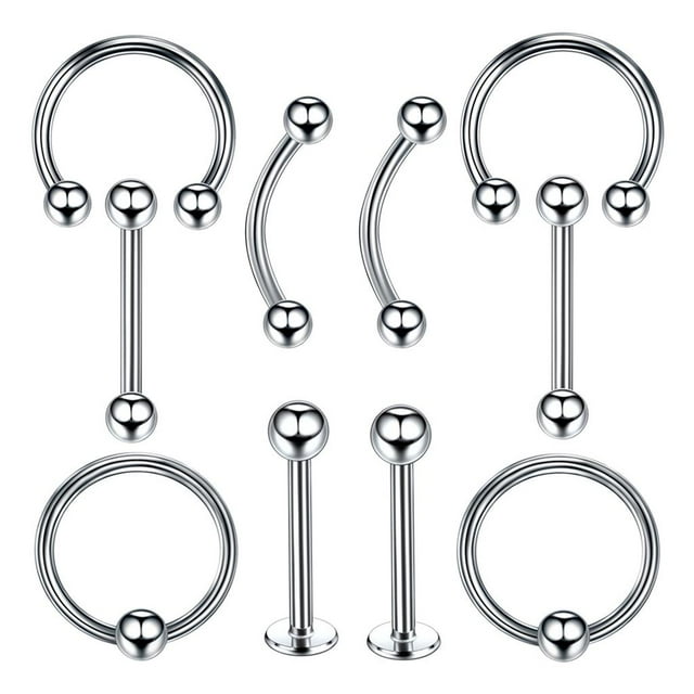 10 Pcs Clous de Nez Sourcils pour Femmes Hommes Ensemble de Bijoux d'Oreilles - 8 mm