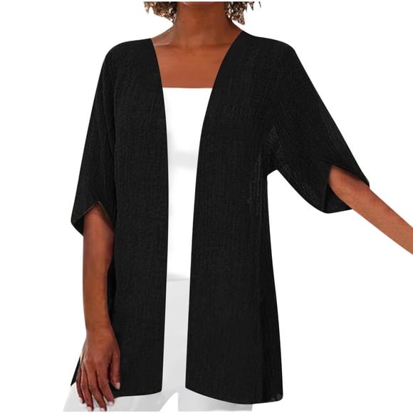 Cameland Women 3/4 Sleeve Plus Size Cotton And Linen Casual Loose Kimono Cardigan