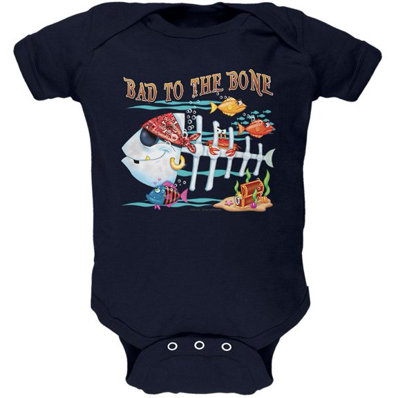 Bad to the Bone Pirate Fish Soft Baby One Piece Navy 18 Month