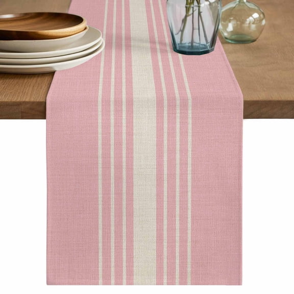Table Runner 90 Inch Long - Modern Vintage Stripe on Linen Decorative Table Scarf, Pink Background Dining Table Runners for Wedding Party Kitchen Dining Tables