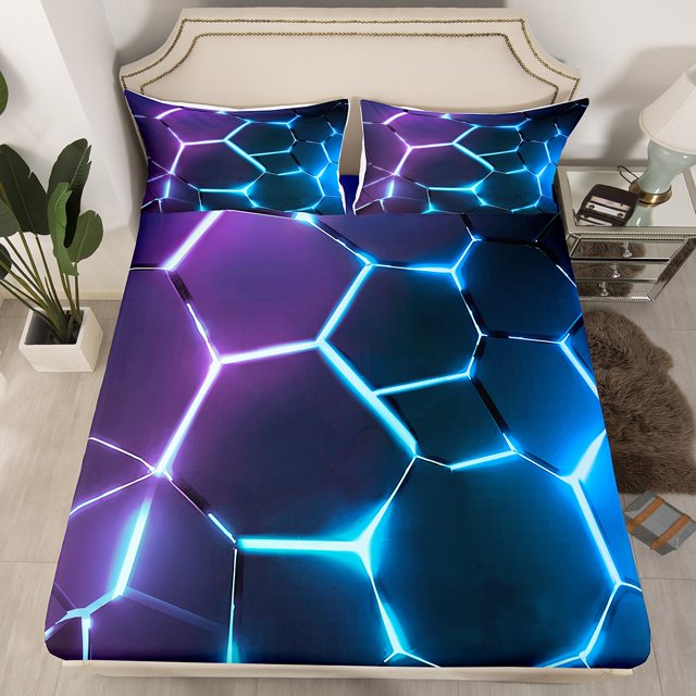 Erosebridal Teens Geometry Fitted Sheet Full, Futuristic Abstract Fitted Sheet Set Full, Square Striped Decor,(No Top Sheet)