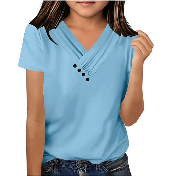 Fesfesfes 5-13Years Kids Girls Casual Shirt T-shirt V-Neck Comfortable Loose Basic Tee Tops Summer Cute Short Sleeve Blouse(Light Blue,5-6 Years)