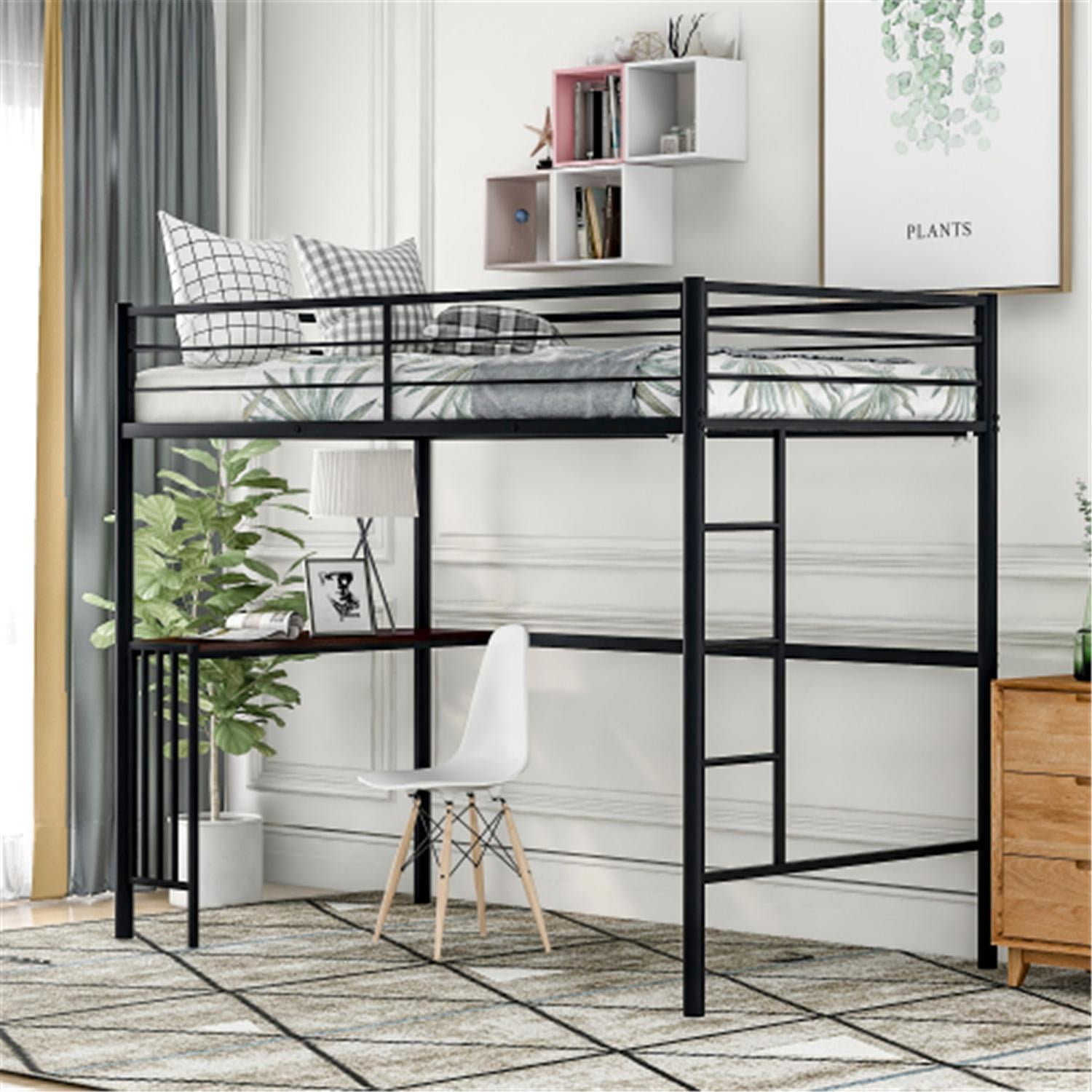 Twin Metal Loft Bed Frame with Desk, Loft Bed with Builtin Ladder and