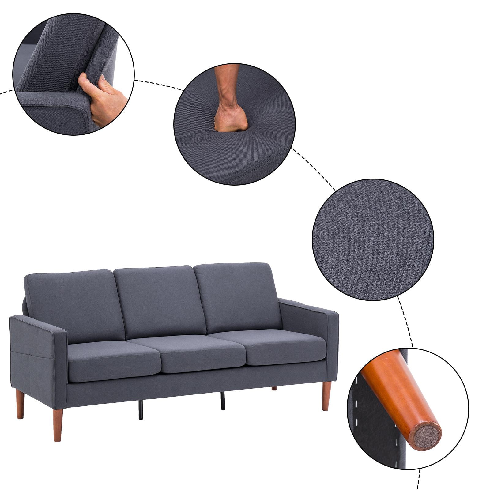 Ktaxon 3 Seat Couch Mid Century Fabric Sofa with Wood Legs, Comfortable Sofa Couch for Small Apartment Living Room Bedroom Dark Grey