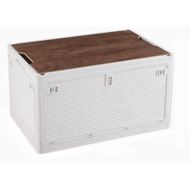 Foldable Storage Bins with Wood Lids Plastic Collapsible Storage Box with Cutting Board Portable Stackable Grocery Books Container Folding Latching Storage Crate with Removable Pulley (S)