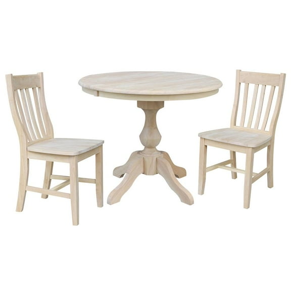 36" Round Extension Wood Dining Table With 2 Cafe Chairs in Unfinished