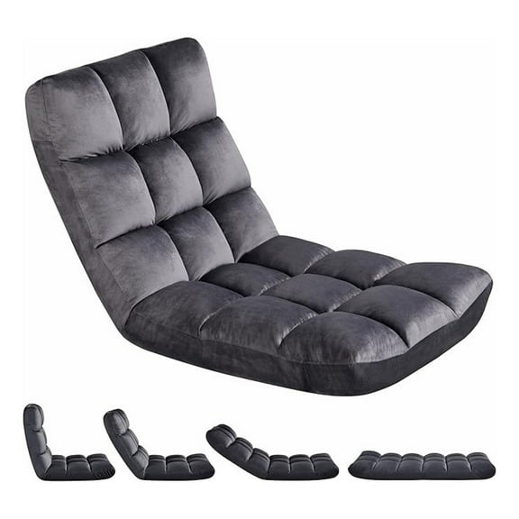 Floor Folding Chair with Back Support, Padded Folding Gaming Sofa Chair with 14 Adjustable Backrest, Adults Couch Recliner, Floor Seating Lounge Chair, Armless Meditation Chair, Gray