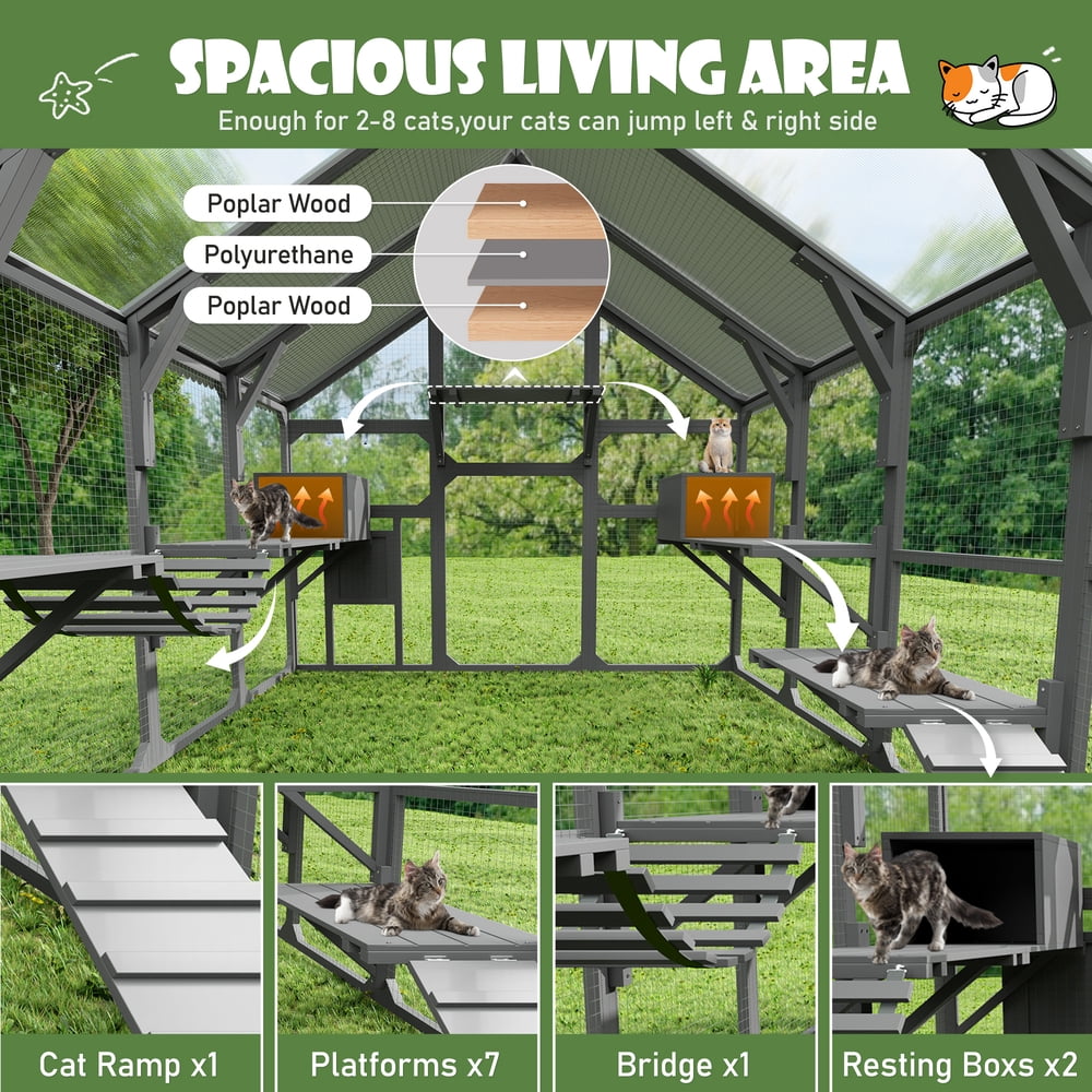 Large Outdoor Catio Cat Enclosure for Multiple Cats, Wooden Cat House with 7 Platforms, 2 Resting Boxes, Bridge & Ramp, Walk-In Kitty Cage with Sunshine Board Roof, Gray