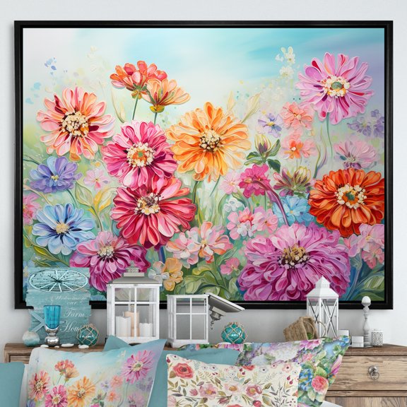 Designart "Farmhouse'S Zinnia Field Delight" Flowers Floater Framed Wall Art Living Room