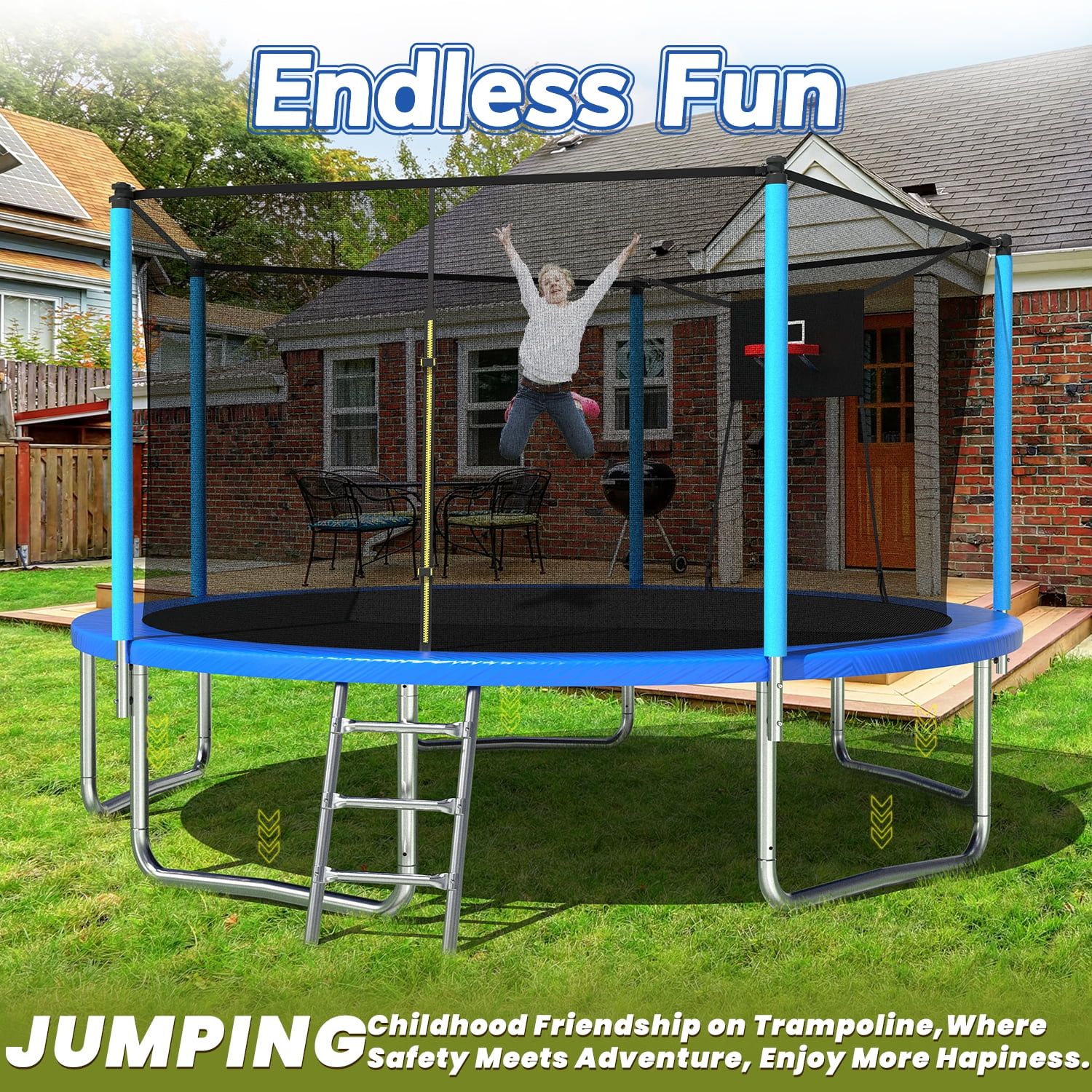 Leumius 14ft Trampoline with Basketball Hoop,Heavy-Duty Outdoor Trampoline with with Enclosure Net,Upgraded Kids Recreational Trampoline for Family,Blue