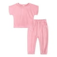 thumbnail image 2 of XBASW Toddler Kids Baby Girls Sweatsuits 2 Piece Outfits Short Sleeve T Shirt Tops + Jogger Pants Summer Solid Color Tracksuit Set for 1- 9 Years, 2 of 9