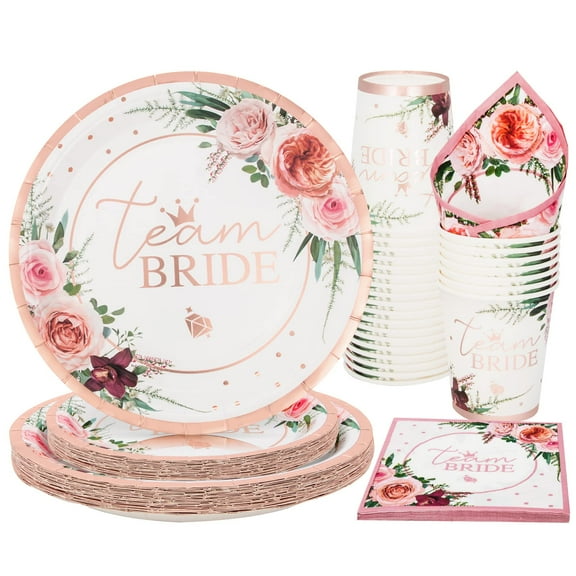 100 Pcs Bridal Shower Paper Plates and Cups and Napkins Sets, Rose Gold Bridal Shower Plates and Napkins Party Supplies, Disposable Tableware Sets for Wedding Engagement, Serve for 25 Guests