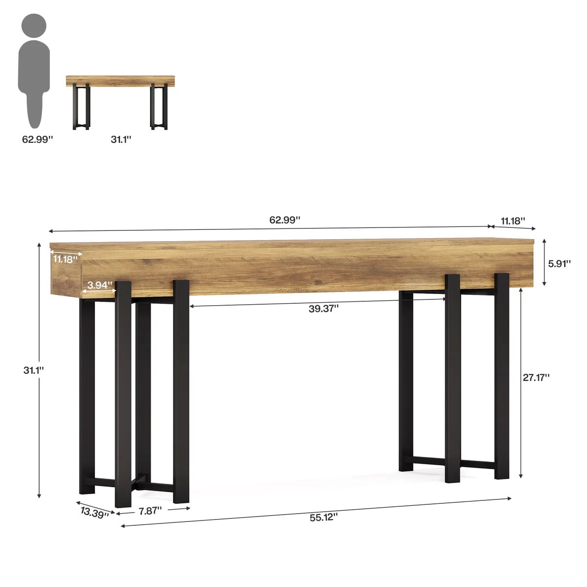 MAYEERTY 63" Industrial Console Table, Rustic Wood Entryway Hallway Foyer Table for Living Room, Narrow Design