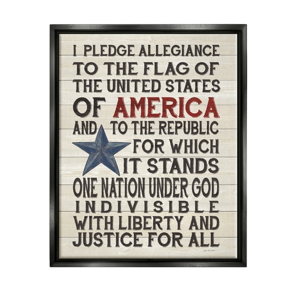 Stupell Industries Pledge of Allegiance Stars and Stripes Americana Rustic Wood Look Sign Jet Black Framed Floating Canvas Wall Art, 16x20, by Jo Moulton