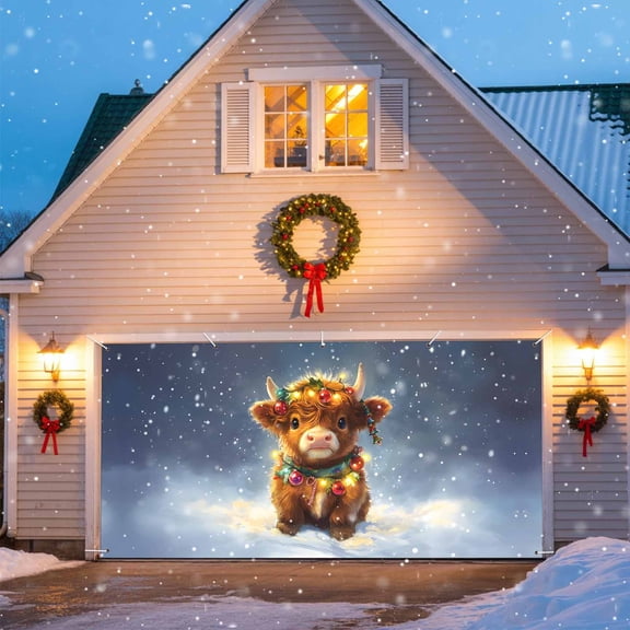 Highland Cow Garage Door Banner Covers, Cartoon Christmas Bell Balls Snow Large Hanging Indoor/Outdoor Backdrop Background for Christmas Winter Party Decor, 6.9x8 FT