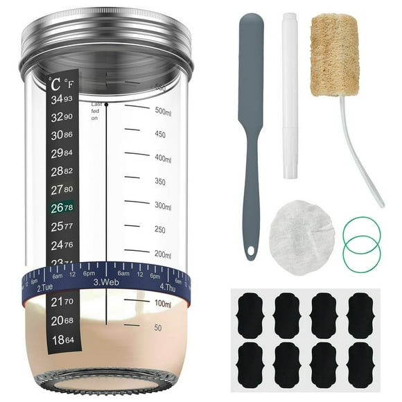 DEBGFS 9Pcs Sourdough Starter Jar Kit with Scale Thermometer Sourdough Fermentation Jar Scraper Sewn Cloth Cover & Metal Lid Sourdough Starter Kit