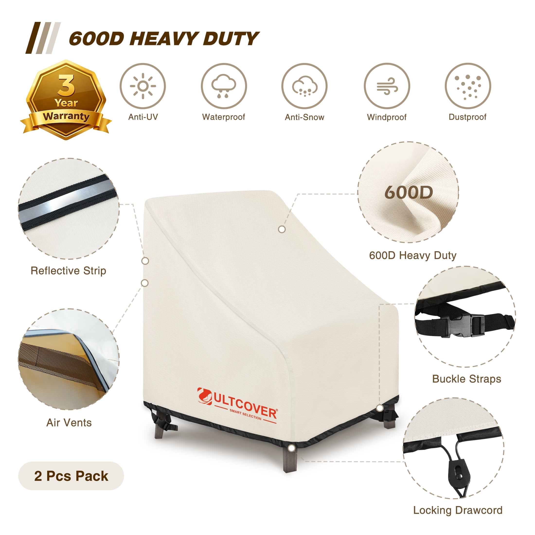 ULTCOVER Smart Selection 32"x34" Patio Chair Covers 2 pack Heavy Duty 600D PVC Oxford Outdoor Chair Cover Waterproof Dustproof UV & Tear Resistant
