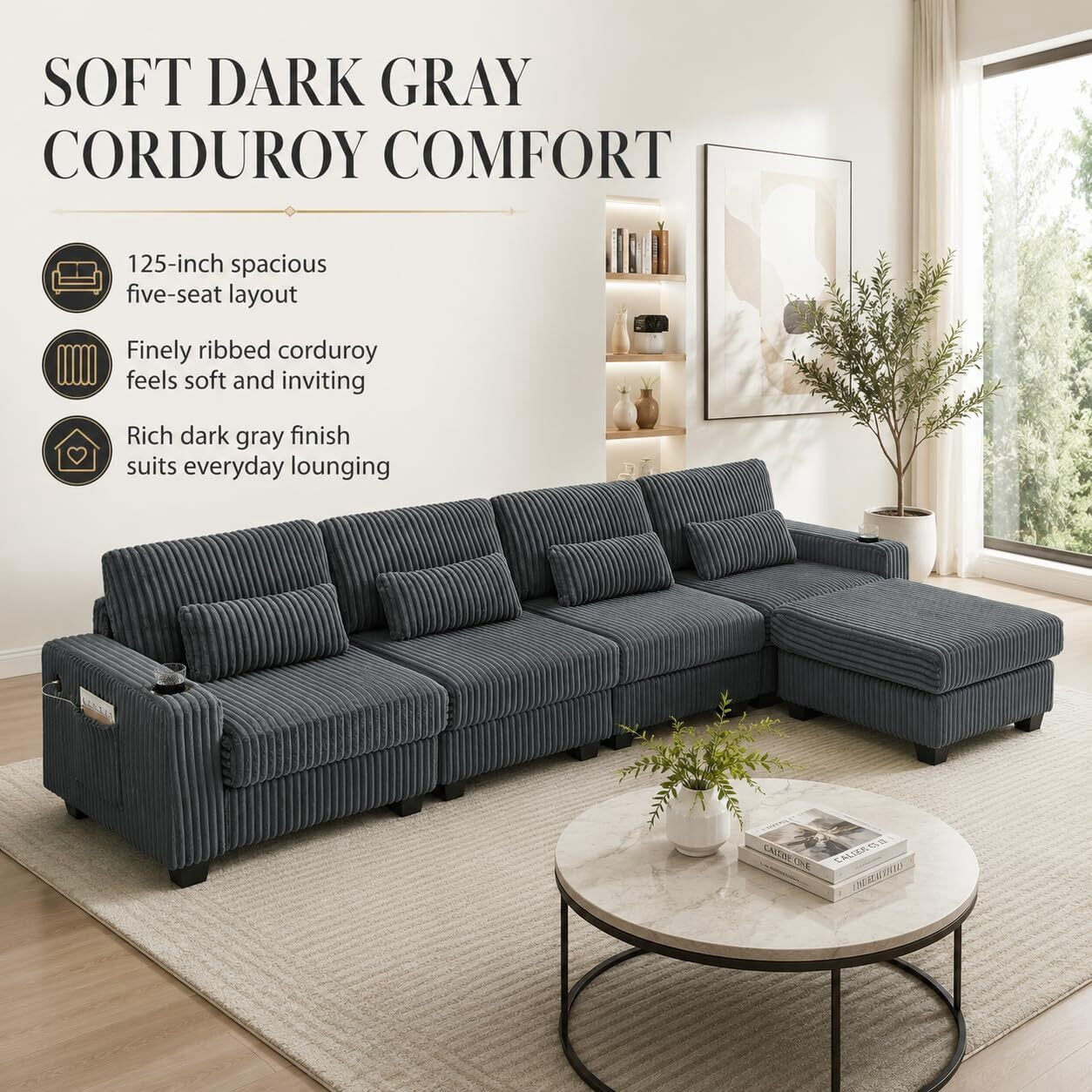 Howcool 125" L-Shaped Sectional Sofa, 5 Seat Deep Seat Corduroy Couch with Movable Ottoman, Modular Cloud Couch with Cup Holders & Lumbar Pillows for Living Room, Grey