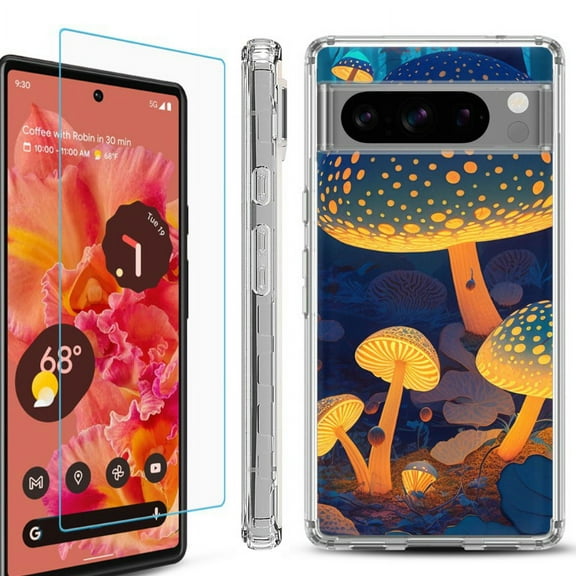 OneToughShield ® Compatible with Google Pixel 8 Pro, Shockproof Phone Case, with Tempered Glass Screen Protector - Glowing Mushroom