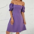 thumbnail image 5 of Ayolanni Knee-Length Beach Dresses for Women Purple V-Neck Puff Short Sleeve Solid Dresses Dresses for Juniors S, 5 of 7