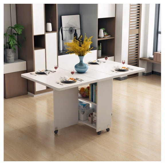 Folding Drop Leaf Dining Table Set for 4 with 4 Chairs, Space Saving Foldable Dining Table with Storage and 6 Wheels, 47.2 inch D x 23.6 inch W x 30.3 inch H, White