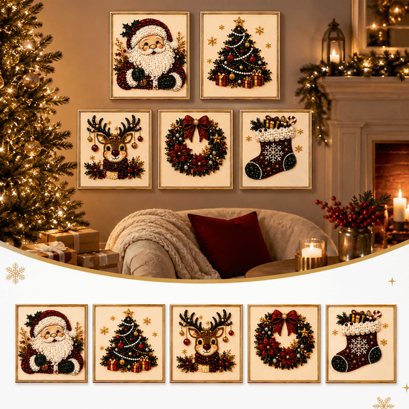 Christmas Pearl Diamond Painting Art Kit, Santa Holiday Pearl Art Kit for Adults, 3D Diamond Painting Wall Decor with Frame, DIY Christmas Craft Decoration Gift for Home Party,A