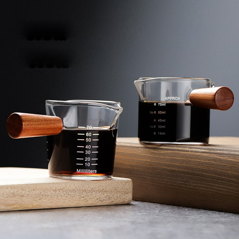 Double Spout Espresso Shot Glass with Wood Handle Espresso Glass 70 ml Carafe Shot Glass Measuring Cup Mini Milk Glass Cup with Handle for Milk Coffee