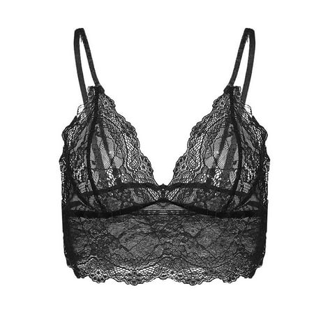

DNDKILG See Through Cami Strap Bra for Women Unppaded V Neck Lace Bralettes Black 2XL