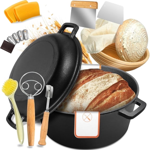 Finew Cast Iron Dutch Oven for Bread Baking, 5 QT Pre-Seasoned Dutch Oven Pot with Skillet Lid, Includes Sourdough Bread Baking Supplies, Cast Iron Pot for Frying, Baking, Braising, BBQ