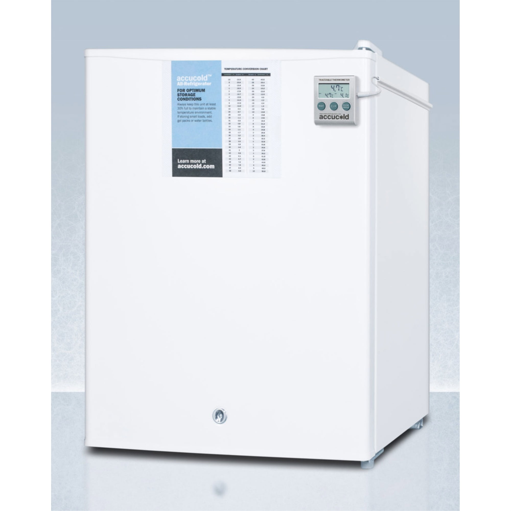 Compact all-refrigerator with automatic defrost, digital thermostat, internal fan, NIST calibrated thermometer, and lock