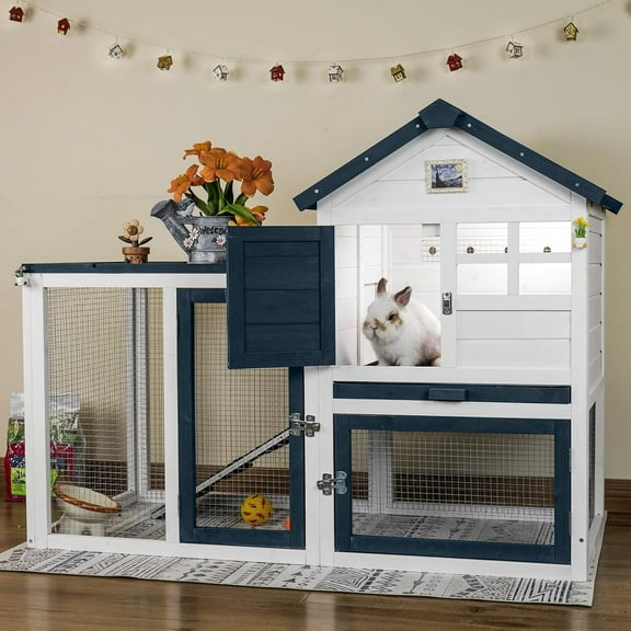 Rabbit Hutch Indoor Bunny Cage Outdoor Small Chicken Coop Animal House with Wire Floor Above Pull-Out Tray, Chew-Resistant Ramp & Entrance Openable Roof