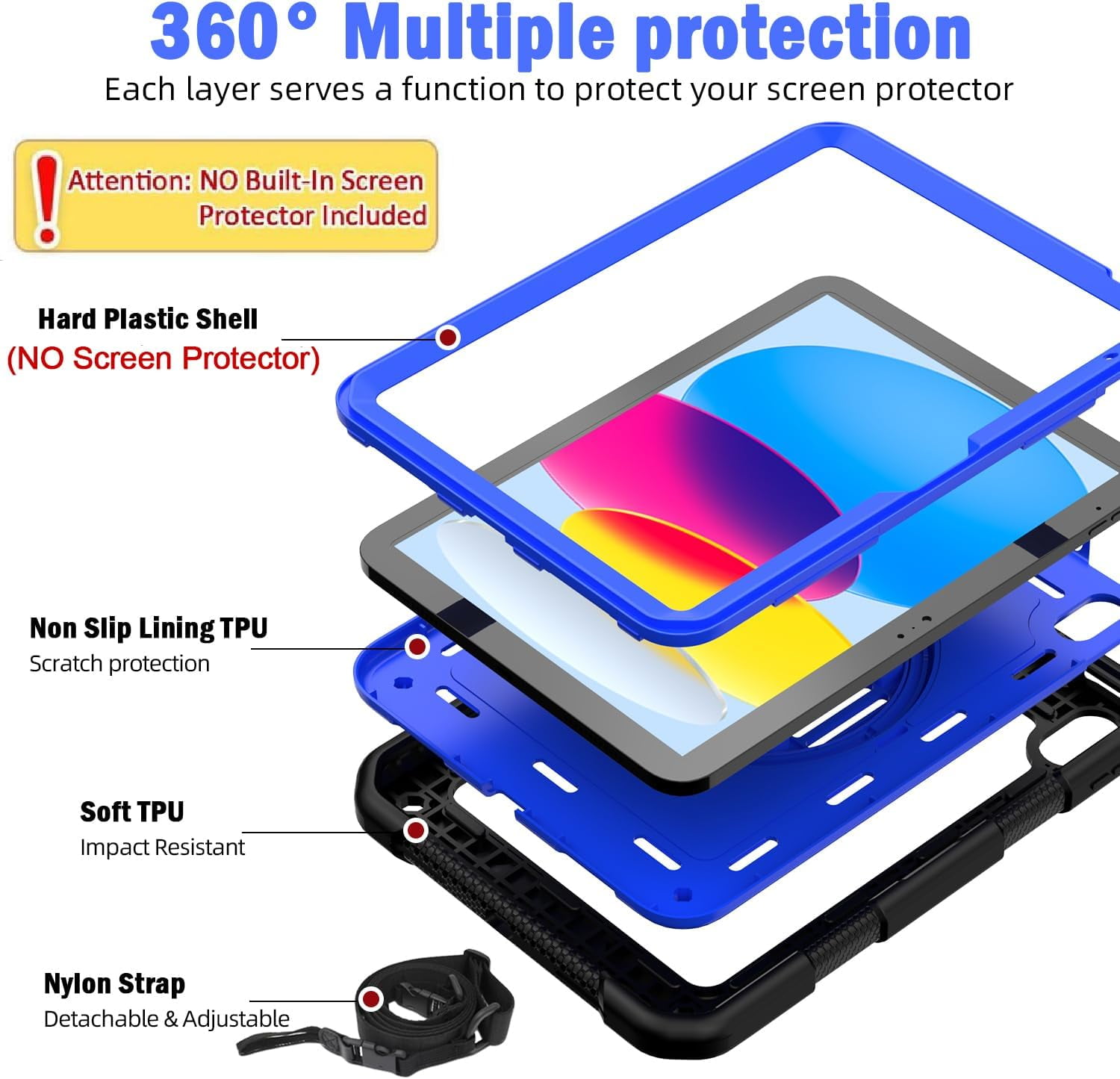 BMOUO Case for iPad (A16) 11th Generation 11" 2025/iPad 10th Generation 10.9 inch 2022, 360 Rotating Stand & Pencil Holder & Hand & Shoulder Strap Shockproof iPad 11th/10th Generation Case, Blue