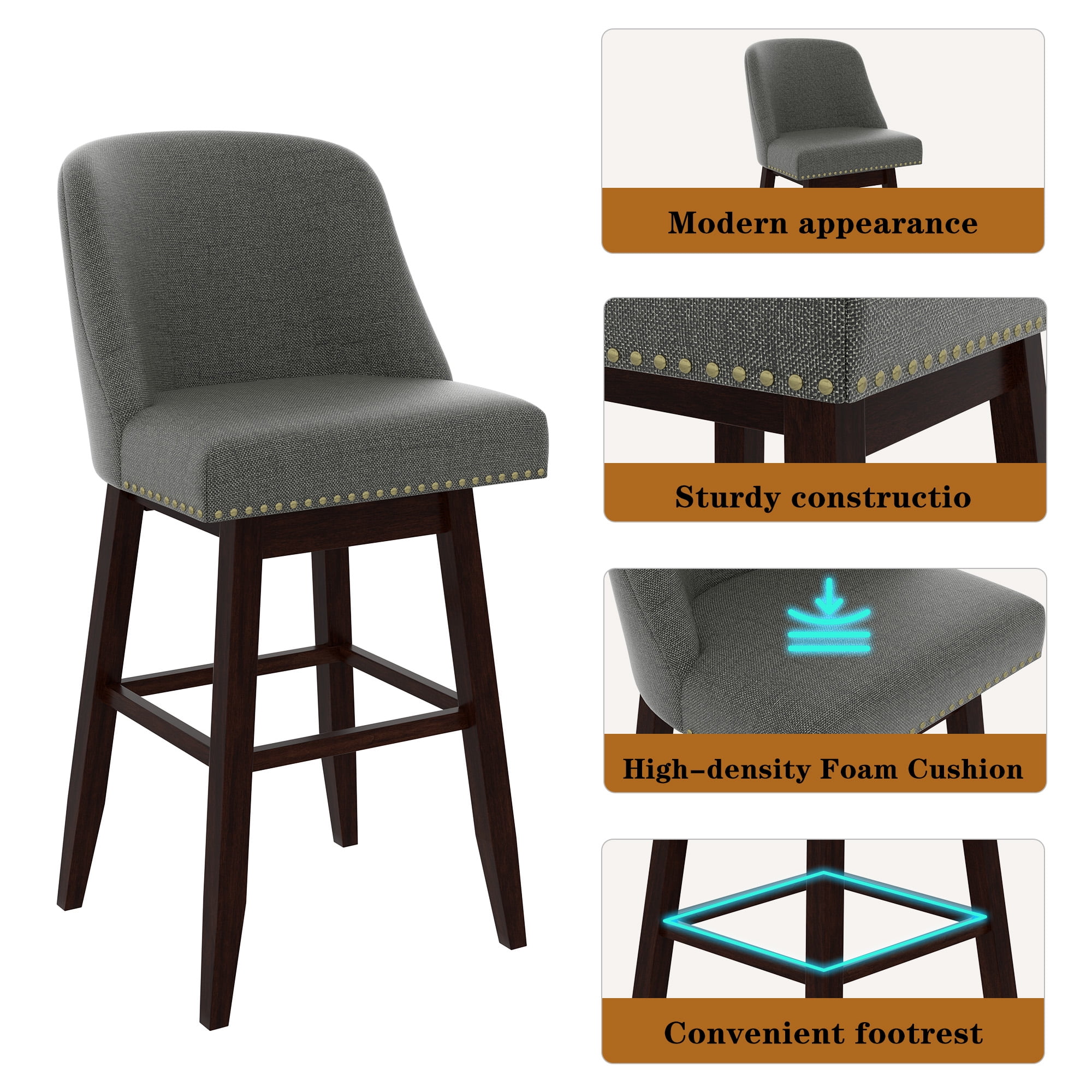 Tolead 30" Upholstered Swivel and Wood Legs Bar Stools - Set of 2, Gray