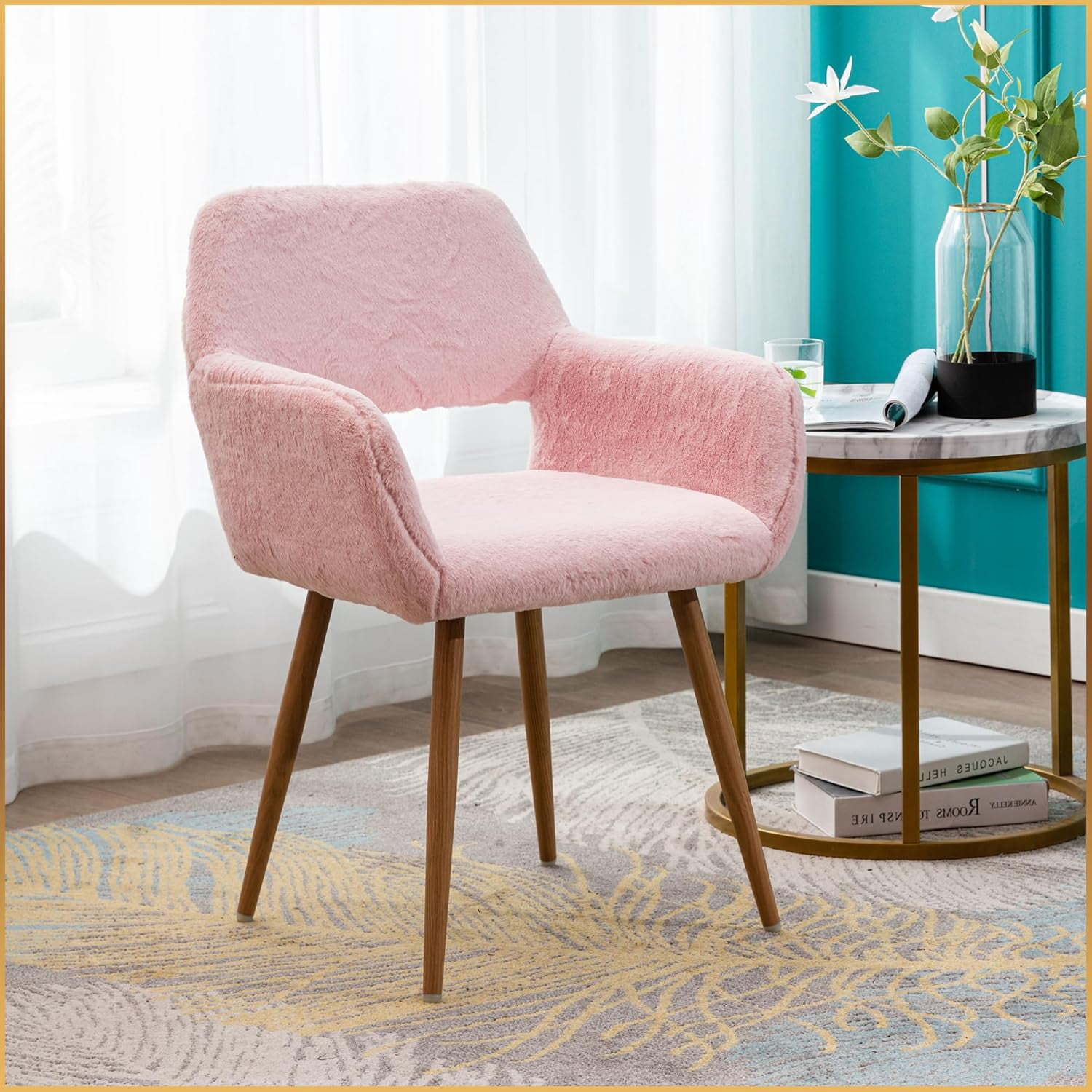 CRXX Desk Chair, Modern Home Office Chair Without Wheels, Faux Fur Vanity Chair with Hollow Backrest, Comfy Armchair Wood Frame with Strudy Metal Legs, Pink