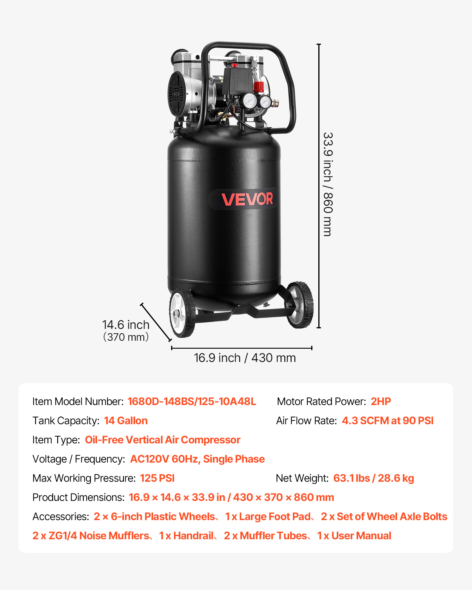 VEVOR 14-Gallon Air Compressor, 2HP 4.3 SCFM at 90PSI, Max 125PSI Pressure Oil-Free Air Compressor Tank, Portable on Wheels for Auto Repair, Tire Inflation, Spray Painting, Woodwork Nailing, 120V