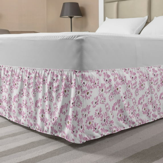 Flower Bed Skirt, Watercolor Pastel Colored Romantic Florals Petals and Buds Art Print, Elastic Bedskirt Dust Ruffle Wrap Around for Bedding Decor, 4 Sizes, Pale Pink White, by Ambesonne