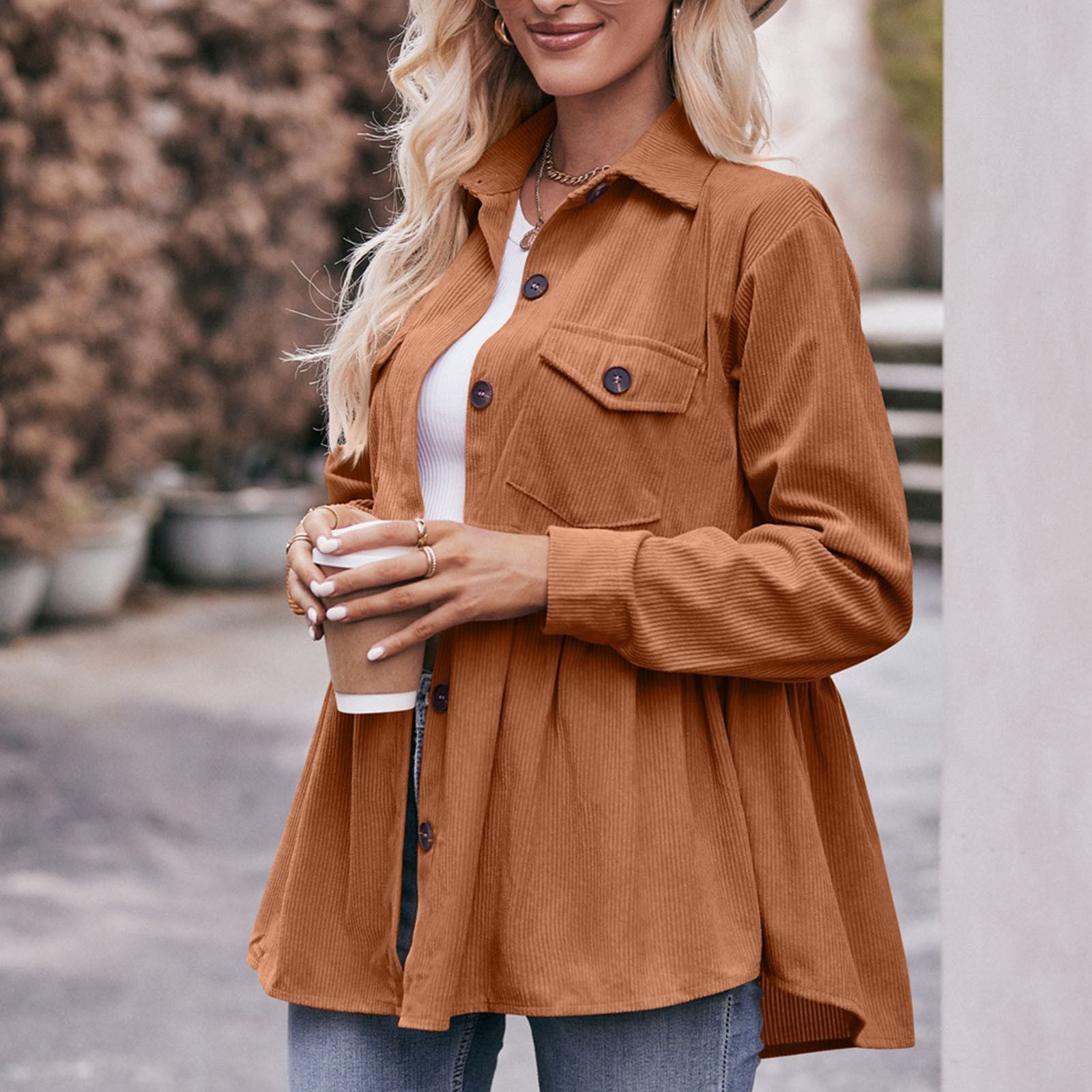 Women Corduroy Peplum Shacket Jacket Long Sleeve Button Down Babydoll Shirts Oversized Casual Collared Blouses Tops Brown L