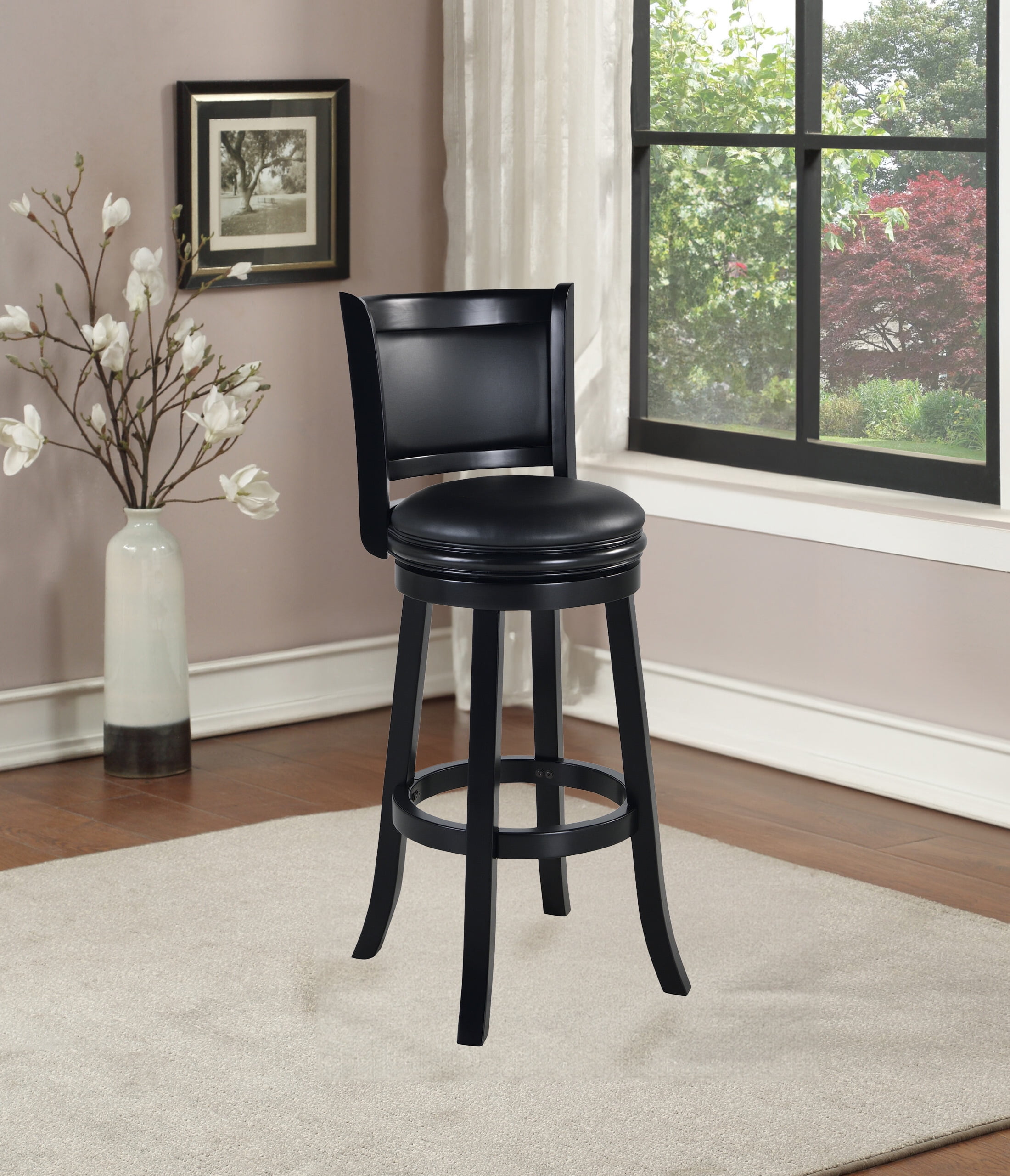Boraam Augusta 34-inch Bar Height High Back Swivel Wood Bar Stool, Black Finish