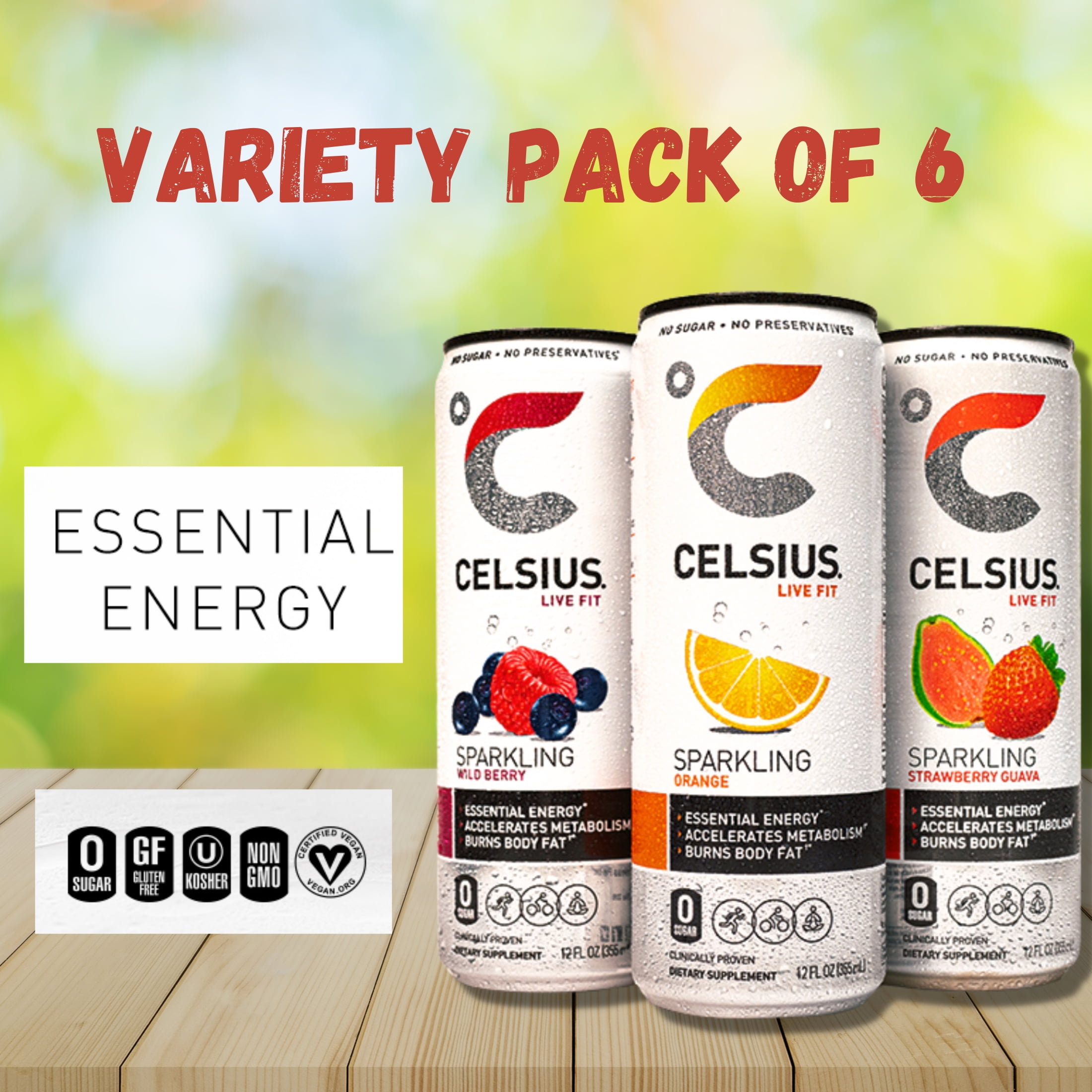 Celsius Sparkling Essential Energy Drink Assortment No Sugar or  Preservatives 12 fl oz, Slim Cans Assorted Variety 6 Pack, in The Award Box  Packaging