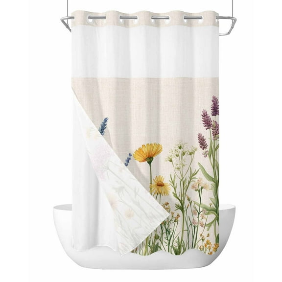 Anzona No Hook Shower Curtains, Yellow Spring Floral Small Shower Curtains with Snap in Liner, Summer Flowers Botanical Rustic Waterproof Washable Fabric Bathroom Shower Curtain Sets, 36" x 72"