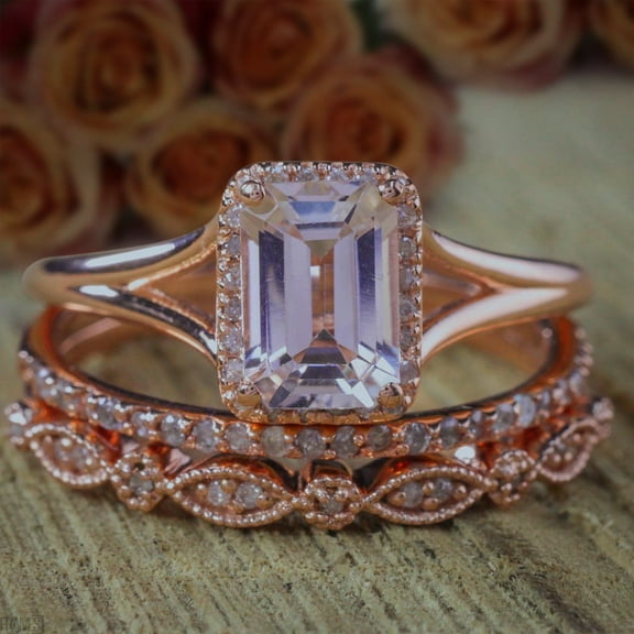 2.25 carat 7x5mm Emerald cut Morganite Diamond Moissanite Trio Ring Set , 1 Engagement Ring 2 Wedding Bands with 18k Gold Plating