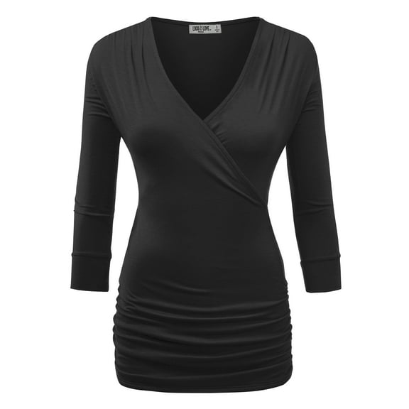 Made by Johnny Women's Deep V-Neck 3/4 Sleeve Slim Fitted T-Shirt Casual Cross Surplice Wrap Tops XL BLACK